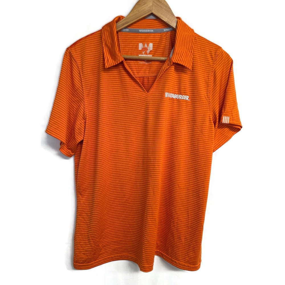 Whataburger Womens Medium Orange Striped Performance Polo Shirt V-Neck Short Slv